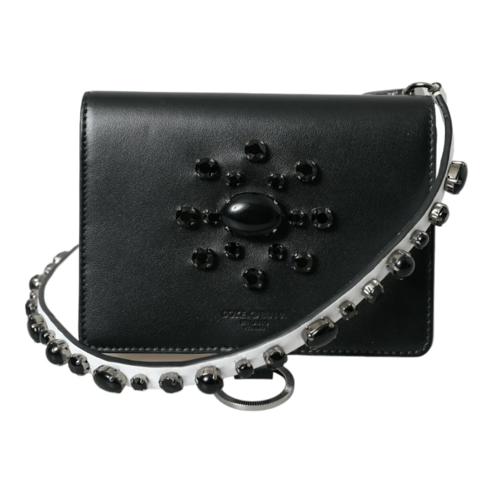 Dolce & Gabbana Elegante Leren Kaarthouder met Kristalversiering Black Dames