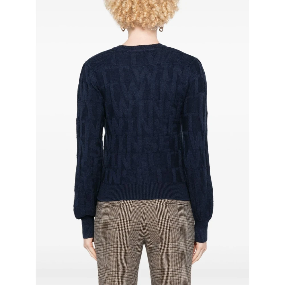 Twinset Monogram Jacquard Sweater met Goud-Tone Broche Blue Dames