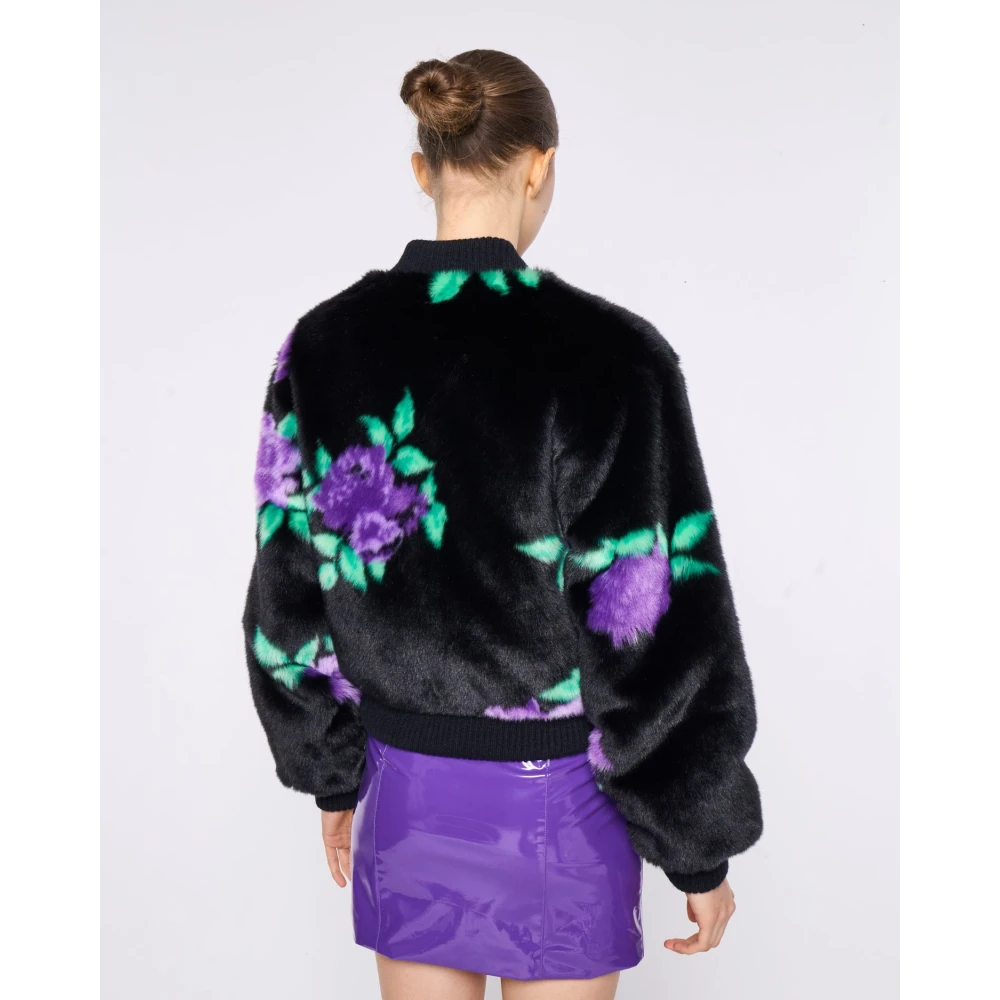 Silvian Heach Bloemen faux fur jas met geribbelde gebreide randen Black Dames
