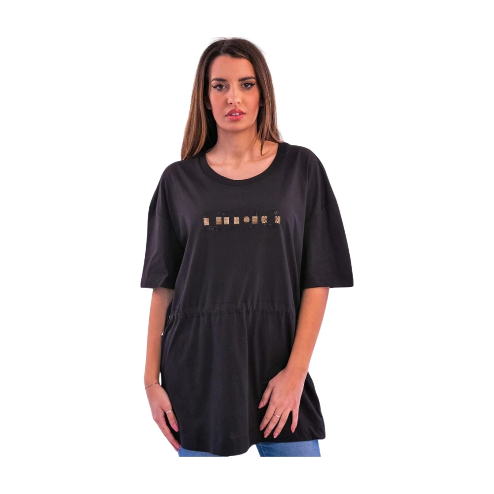 Liu Jo Maxi T-shirt met Rhinestone Logo Black Dames
