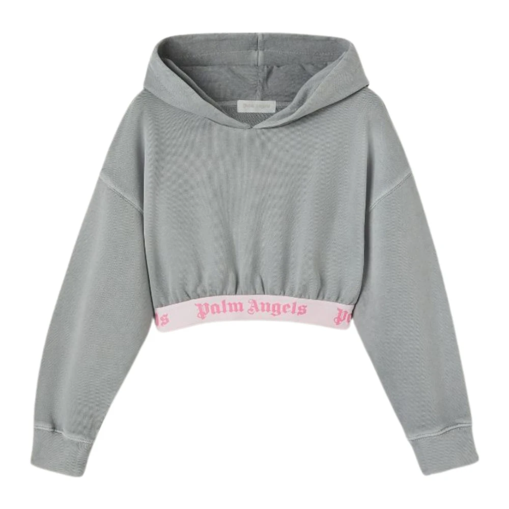 Palm Angels Women's Grey Cropped Hoodie Sweatshirt