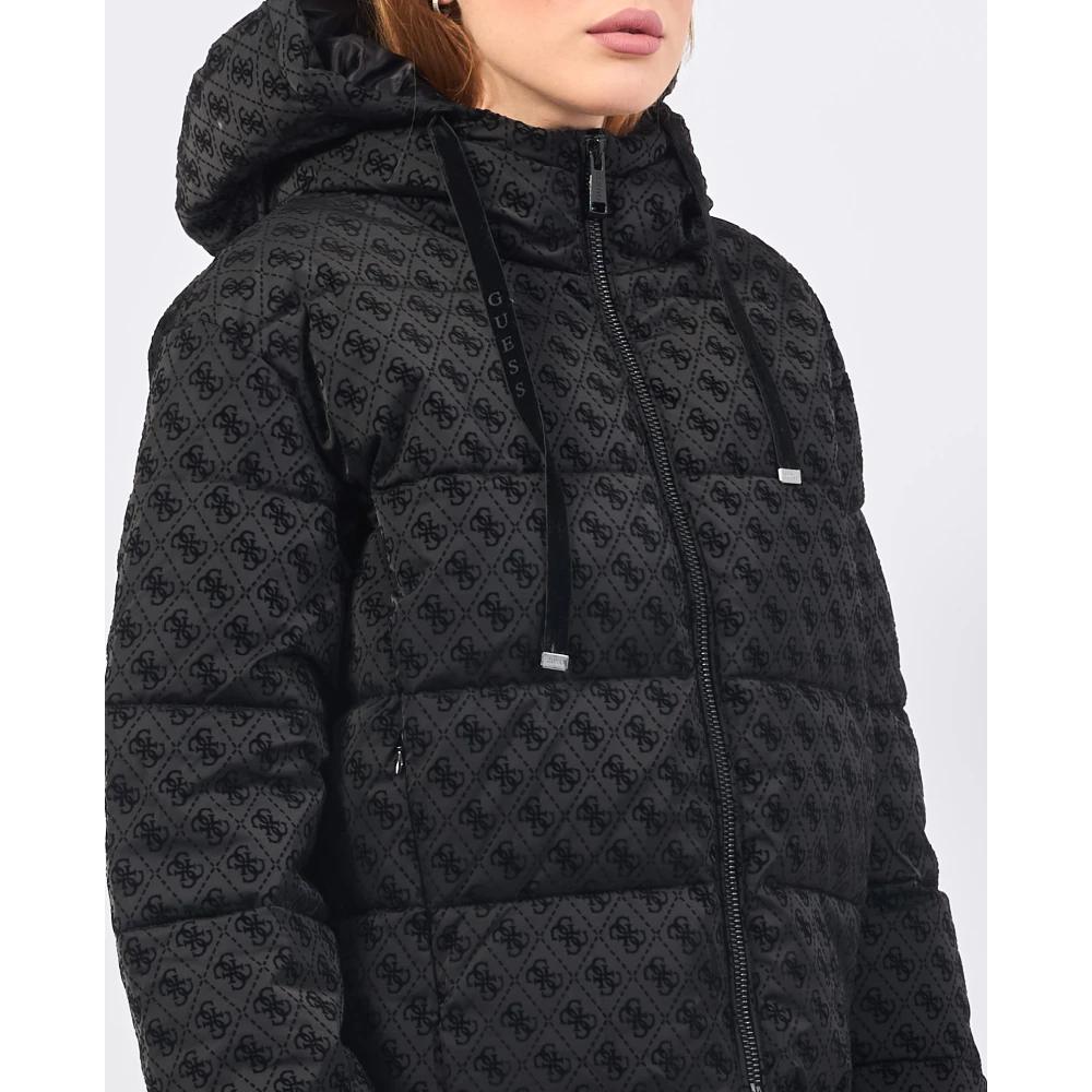 Guess Zwarte gewatteerde jas met fluwelen logo Black Dames