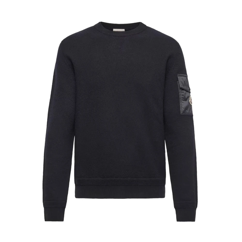 Moncler Blue Round-Neck Knitwear, Male, L, Sleeve Pocket Jumper