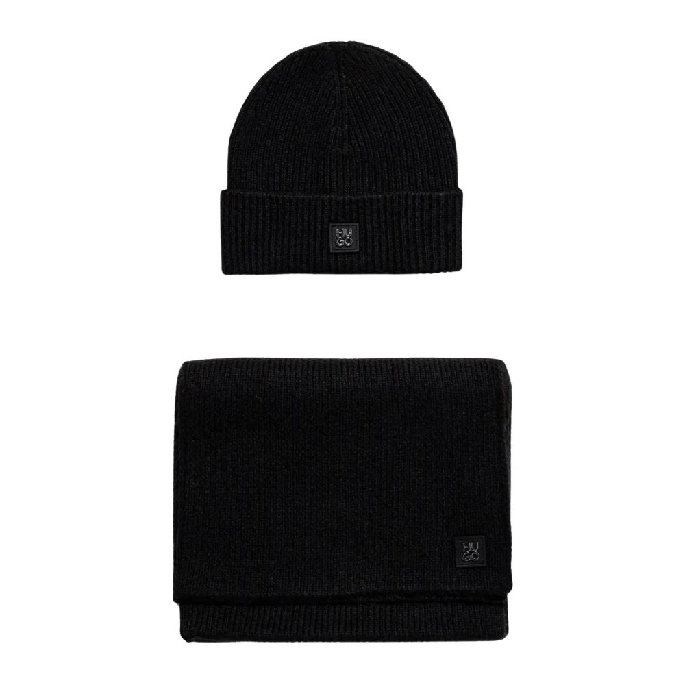 Hugo Boss Zwart Gebreide Sjaal en Hoed Set Black Heren