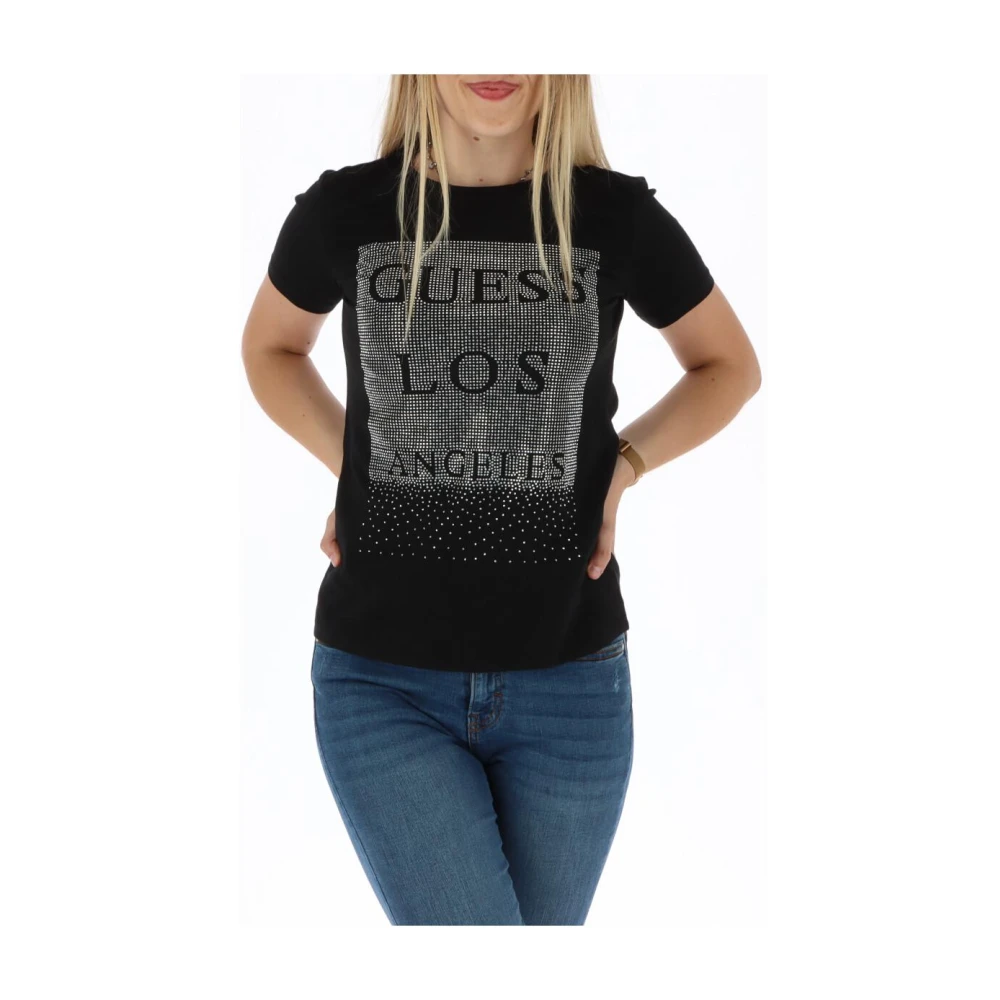 Guess Women's Black Elegant Rhinestone Short Sleeve Tee