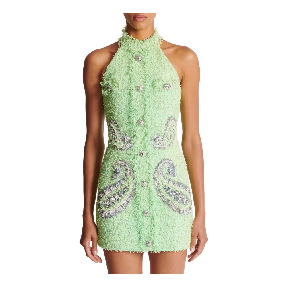 Balmain Mouwloze Tweed Jurk met Paisley Patroon Green Dames