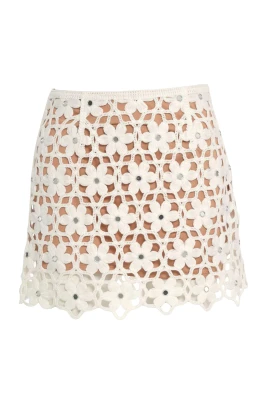Mirror-Embellished Floral Crochet Skirt