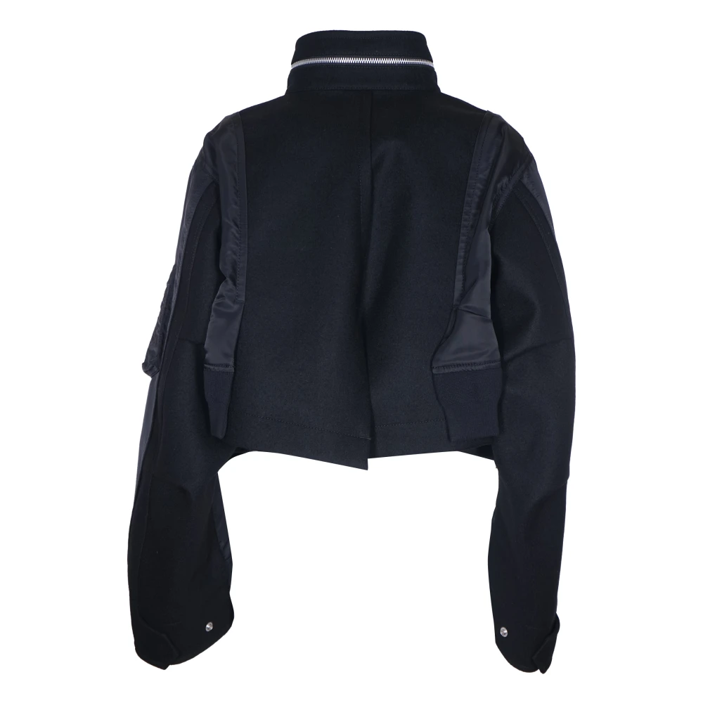 Sacai Zwarte Wol Melton Nylon Twill Jas Black Dames