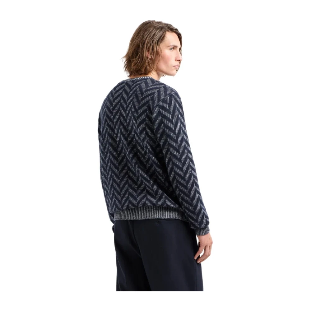 Emporio Armani Chevron Blauw Wol Crewneck Jumper Blue Heren
