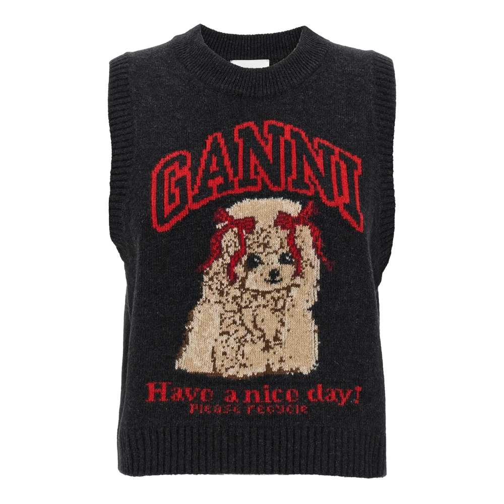 Ganni Women's Black Round-Neck Knitwear, Xs, Graphic Wool Vest
