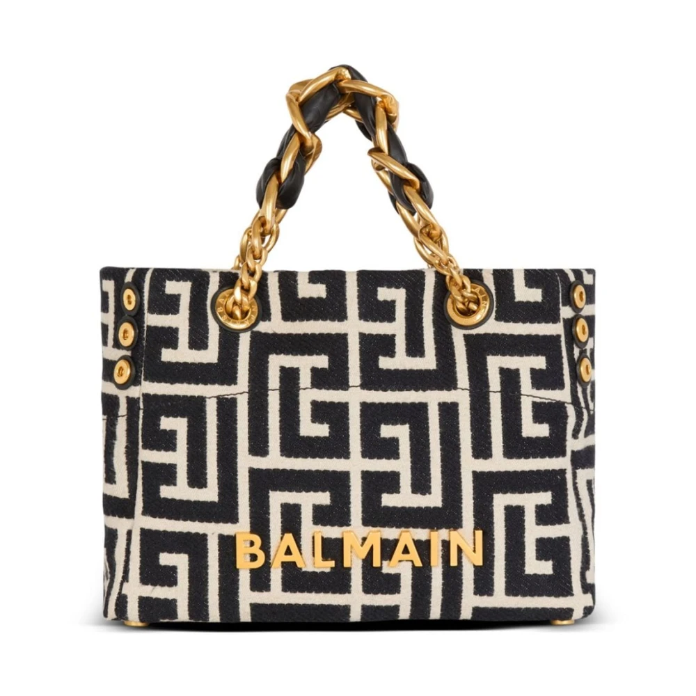 Balmain Kleine 1945 Zachte tote tas van jacquardstof met PB Labyrinth monogram Black Dames