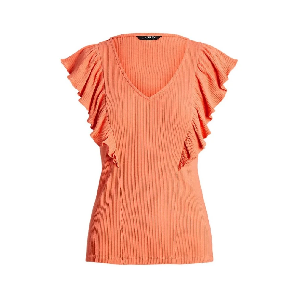 Ralph Lauren Oranje Ruches V-Hals T-Shirt Orange Dames