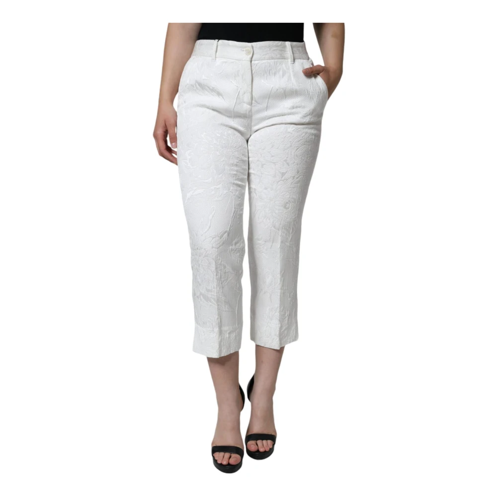 Dolce & Gabbana Witte Bloemenbrokaat Cropped Broek White Dames