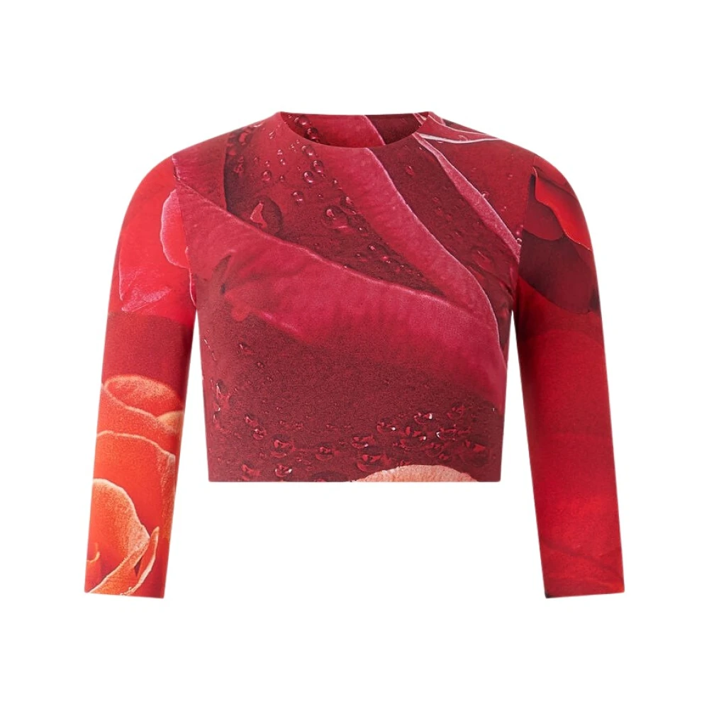 Roberto Cavalli , Long Sleeve T-Shirts, Female, Red, Xs, Maxi Rose Print Crop Top