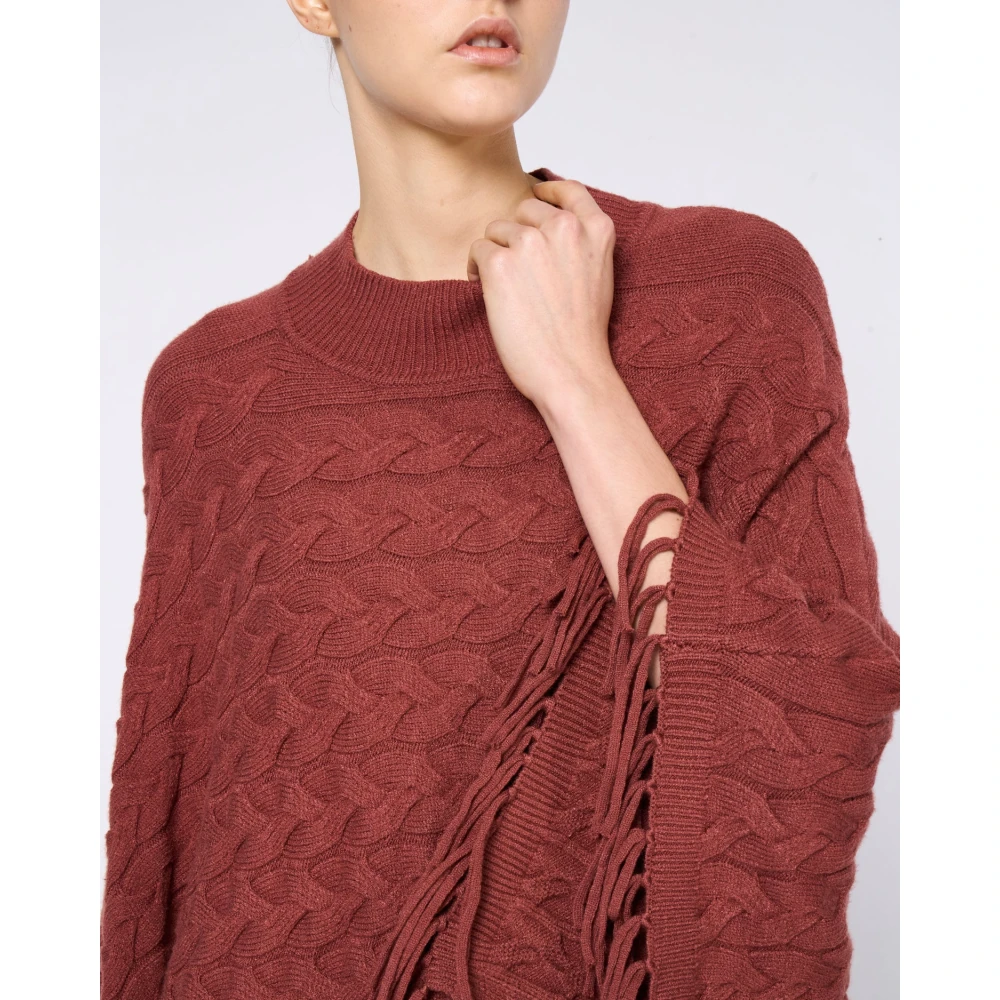 Silvian Heach Gebreide Poncho met Ronde Hals en Franjes Brown Dames