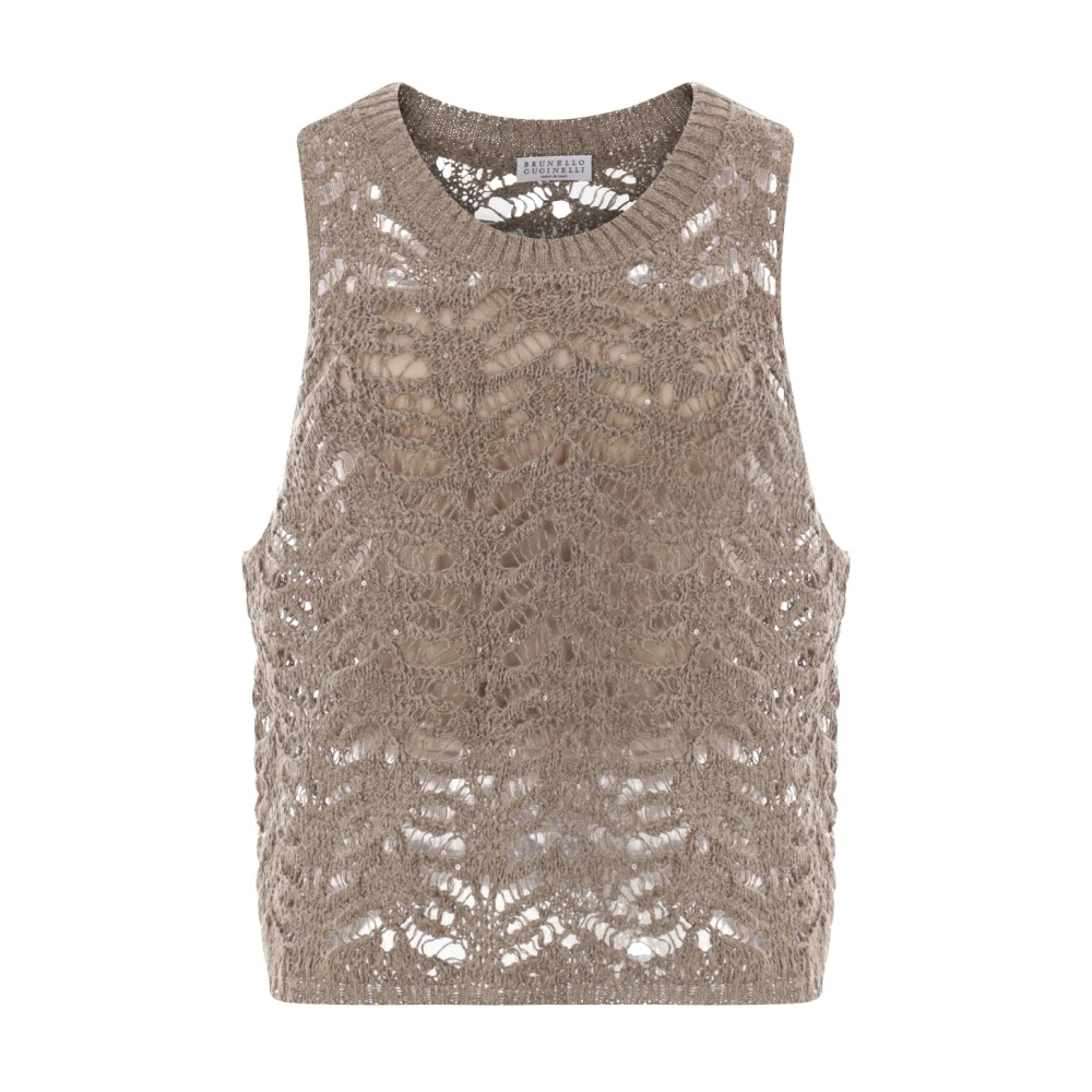 BRUNELLO CUCINELLI Bruine Mouwloze Gebreide Top met Pailletten Brown Dames