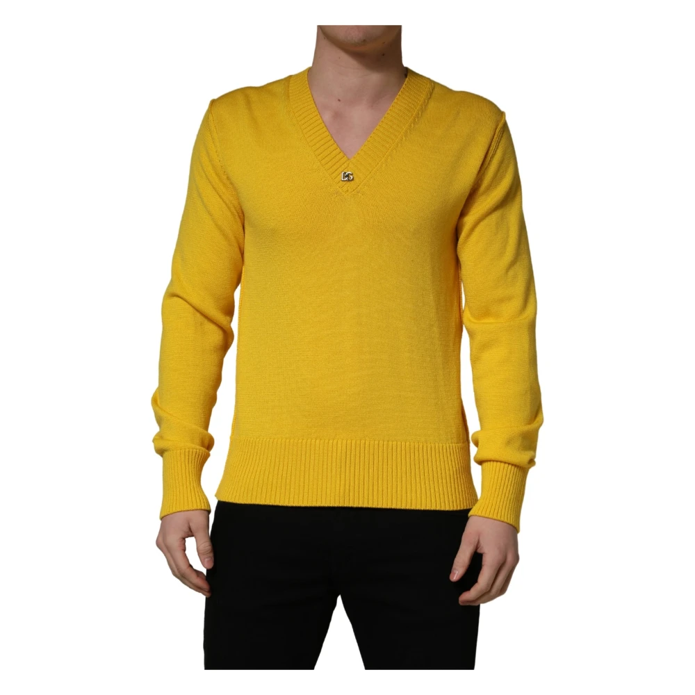 Dolce & Gabbana Yellow Wool Knitted V-Neck Pullover - Male - V-Neck Knitwear - M - Knitwear