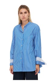 Camicia in cotone a righe con bordo in sangallo