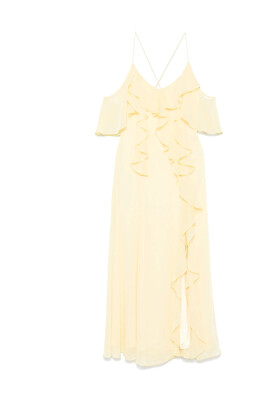 off-shoulder-ruffled-gul-kjole