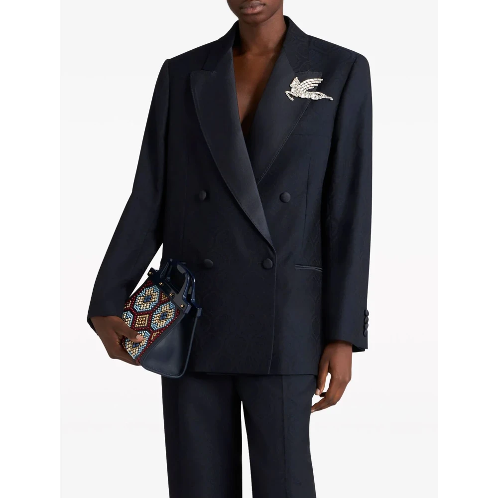 ETRO Dubbelbreasted wollen jacquard jas Black Dames