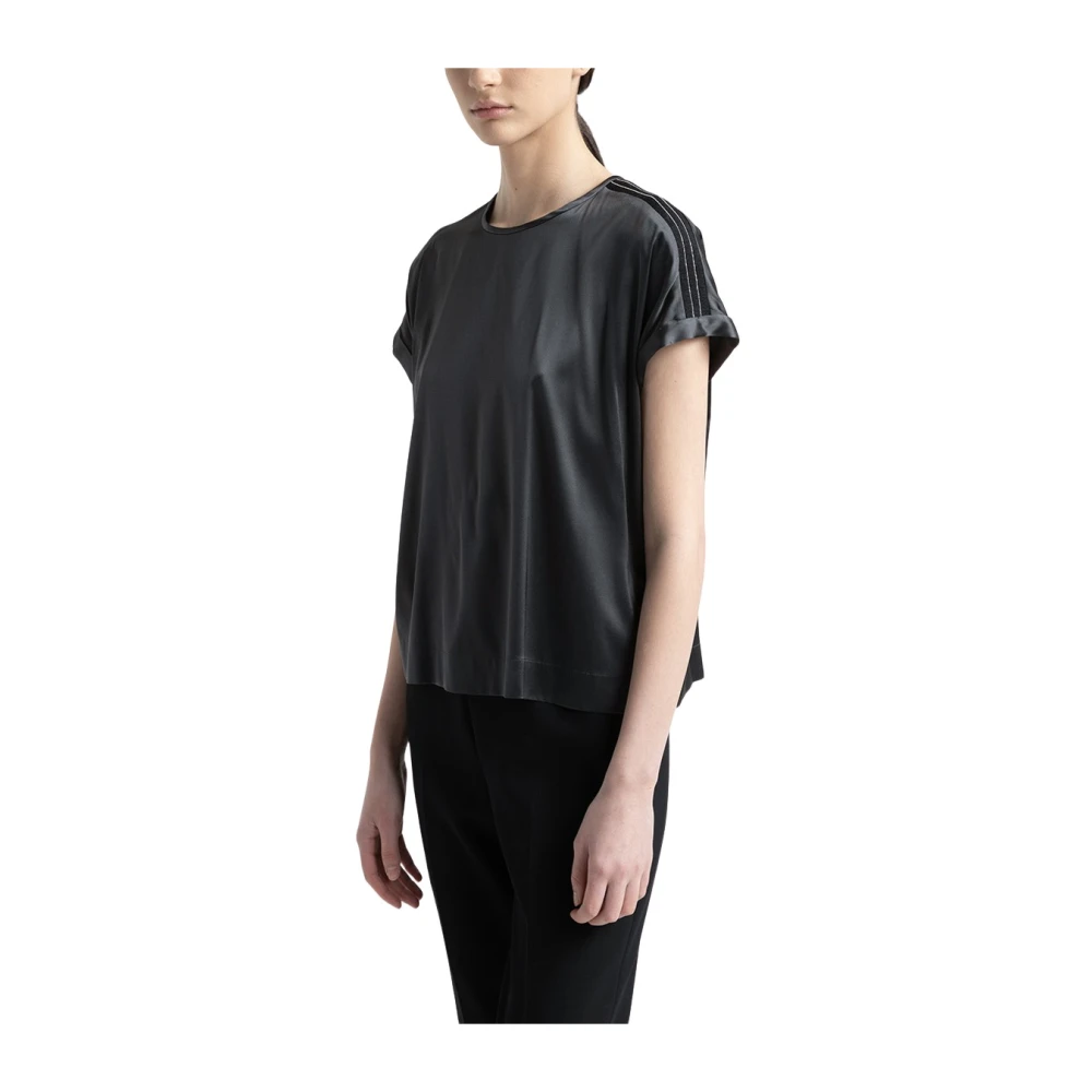 PESERICO Zijden satijnen T-shirt met Punto Luce afwerking Gray Dames