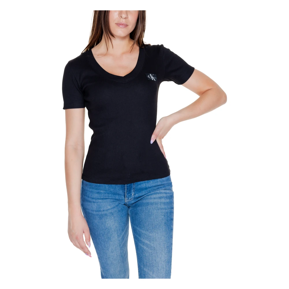 Calvin Klein Jeans Rib V-Neck T-Shirt Herfst Winter Collectie Black Dames