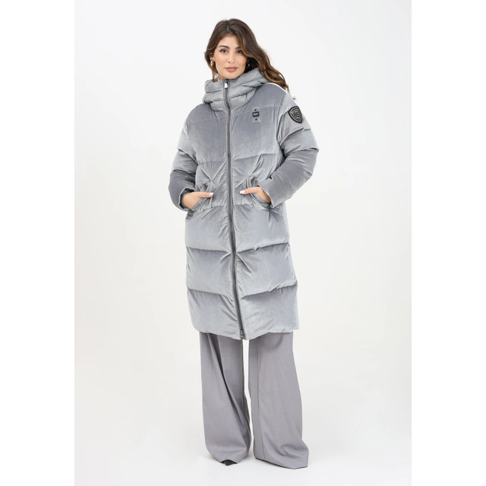 Blauer Lange fluwelen grijze jas met nylon details Gray Dames