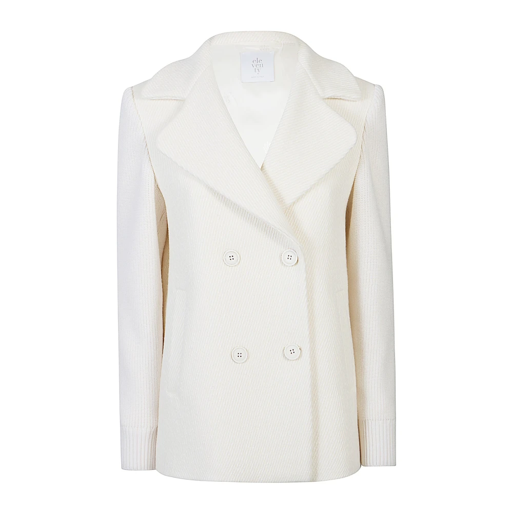 Eleventy Women's White Knit Sleeve Peacoat In Cotton Wool Blend - Double-Breasted Coats - S - Coats