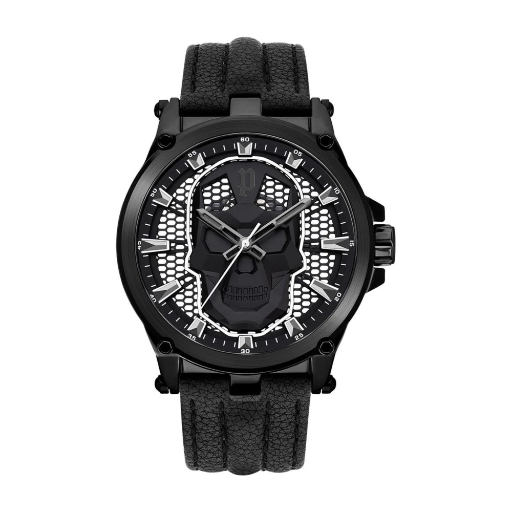 Police Men's Black Leather Skull Watch