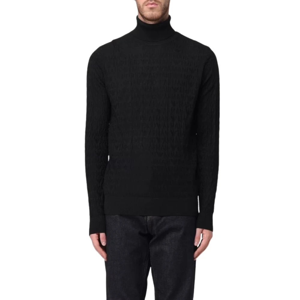 Emporio Armani Ull Turtleneck Tröja med Devoré Bokstäver Black, Herr