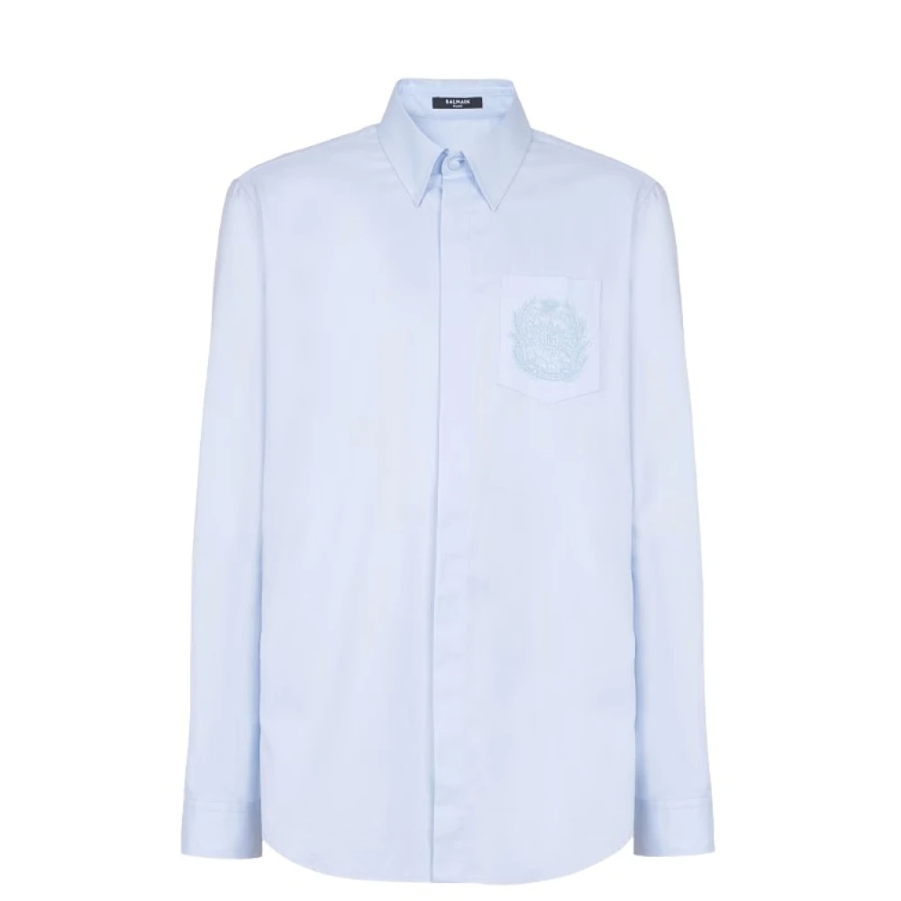 Balmain Men's Blue Logo Embroidered Shirt