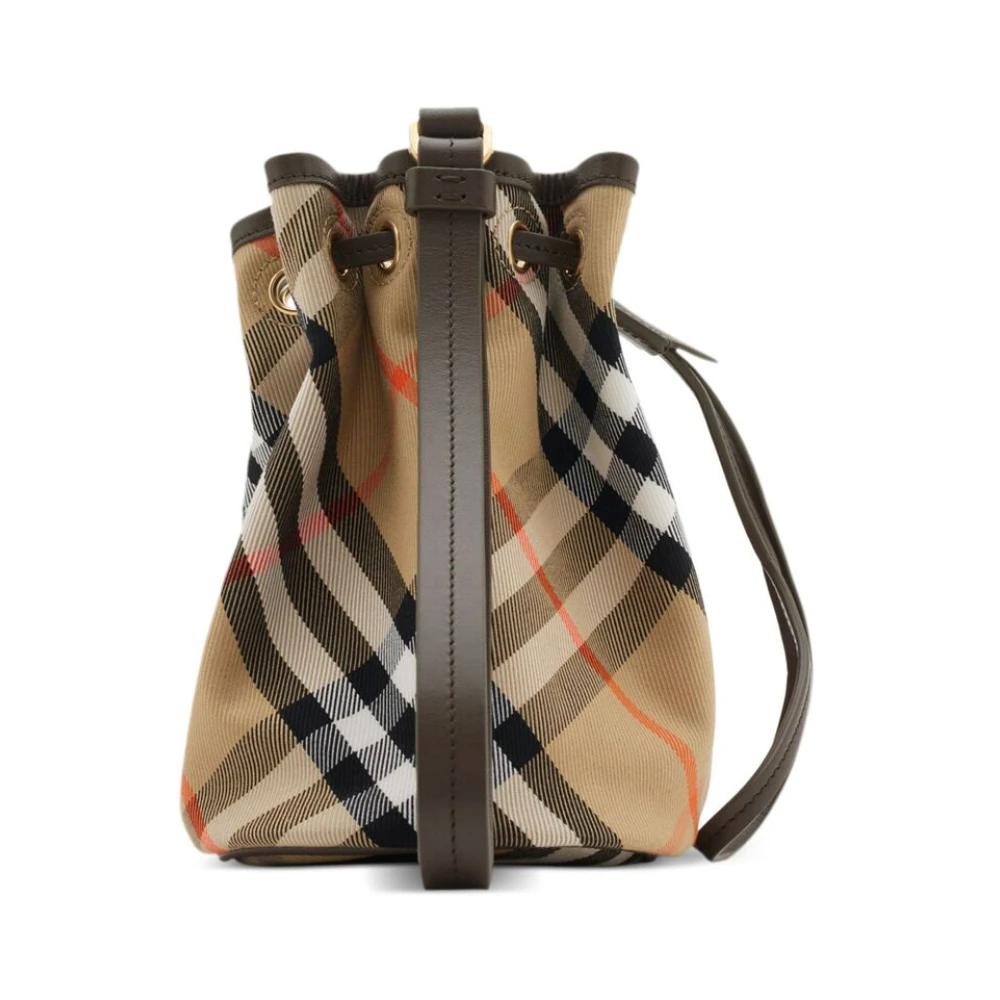 Burberry Vintage Check Canvas Leer Trekkoord Tas Beige Dames