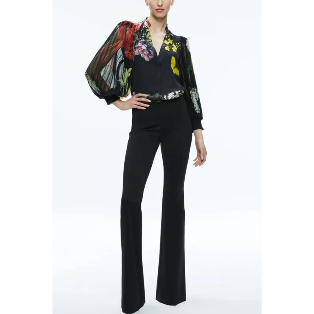 alice + olivia Satin Finish V-Neck Balloon Sleeve Shirt Multicolor Dames