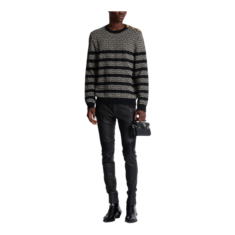 Balmain Gestreepte PB Labyrinth wol en linnen trui Black Heren