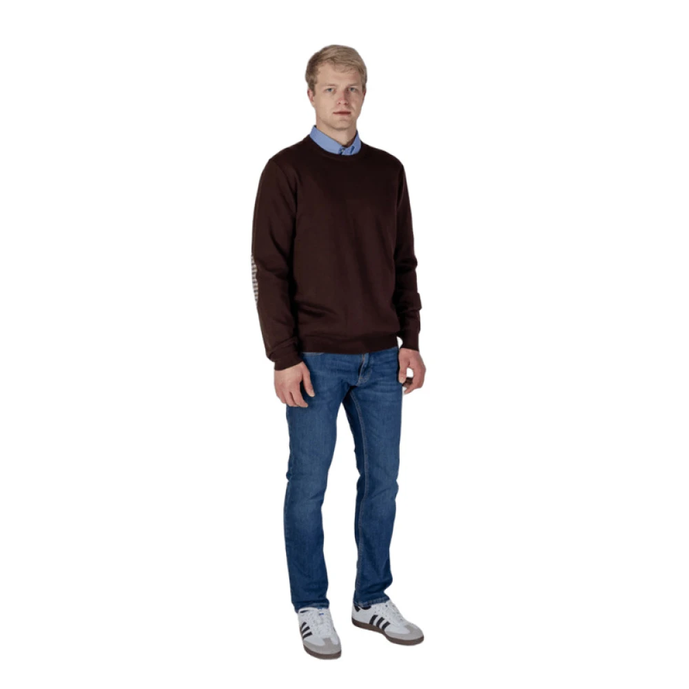 Aquascutum Merino Club Check Elleboog Patches Sweater Brown Heren