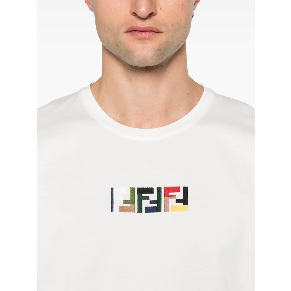 Fendi Geborduurde Crew Neck T-shirt Wit White Heren