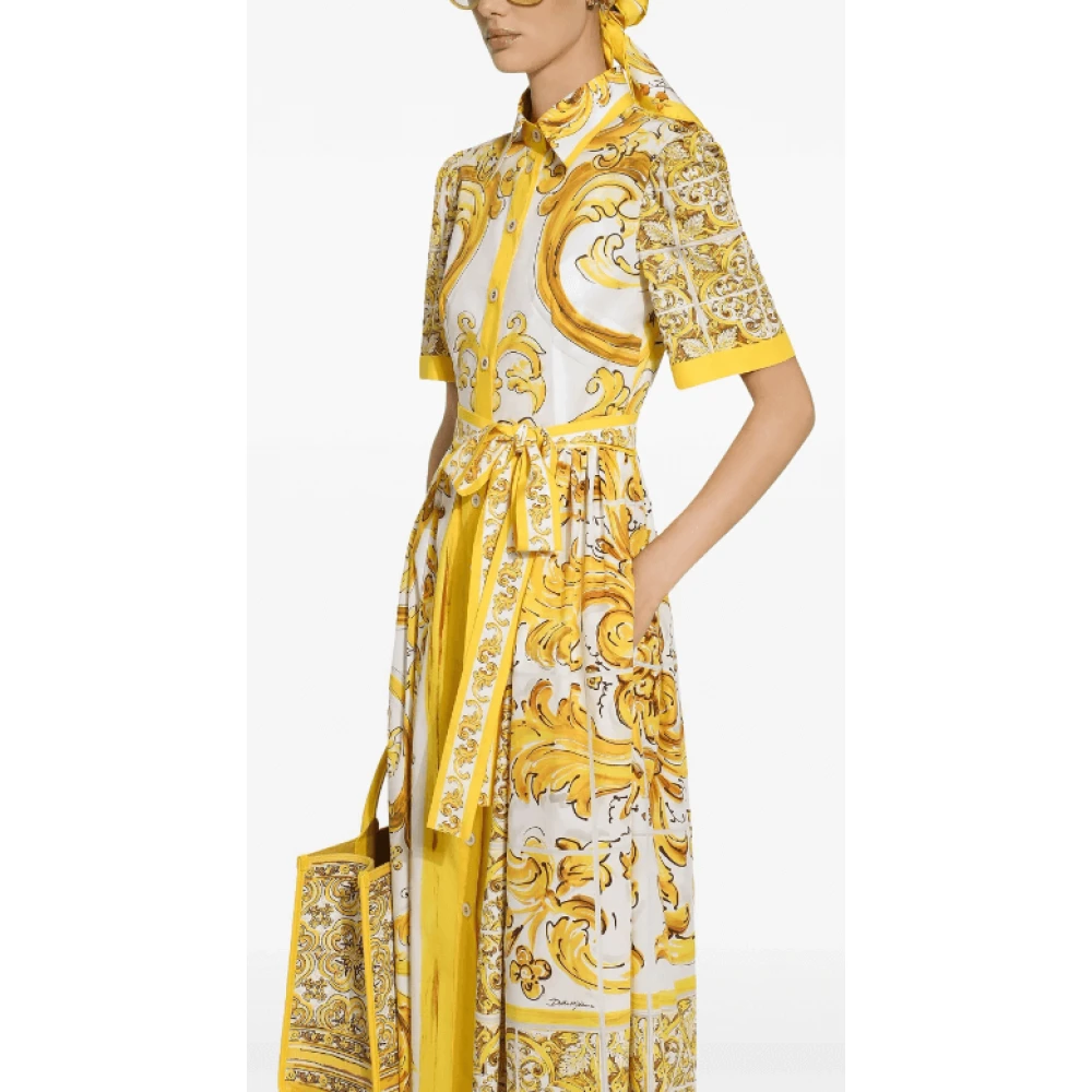Dolce & Gabbana Majolica Print Katoenen Overhemdjurk Yellow Dames