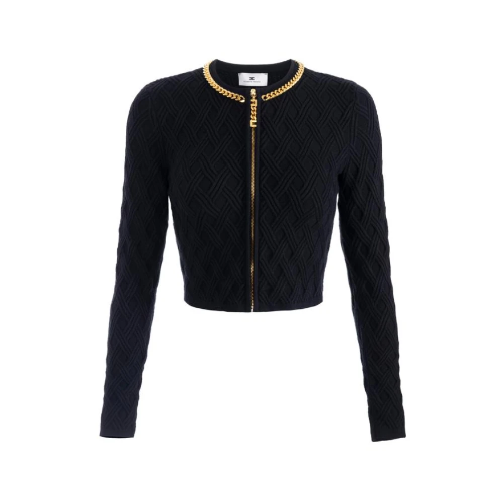 Elisabetta Franchi Women's Black Cardigans, L, Cardigan In Knit Fabric With Diamonds And Jewel Details