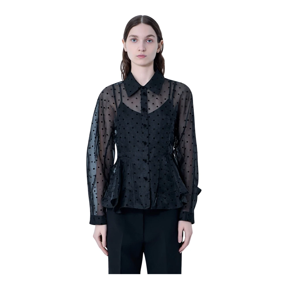 Ganni Women's Black Flocked Organza Peplum Shirt - Shirts - M - Blouses & Shirts