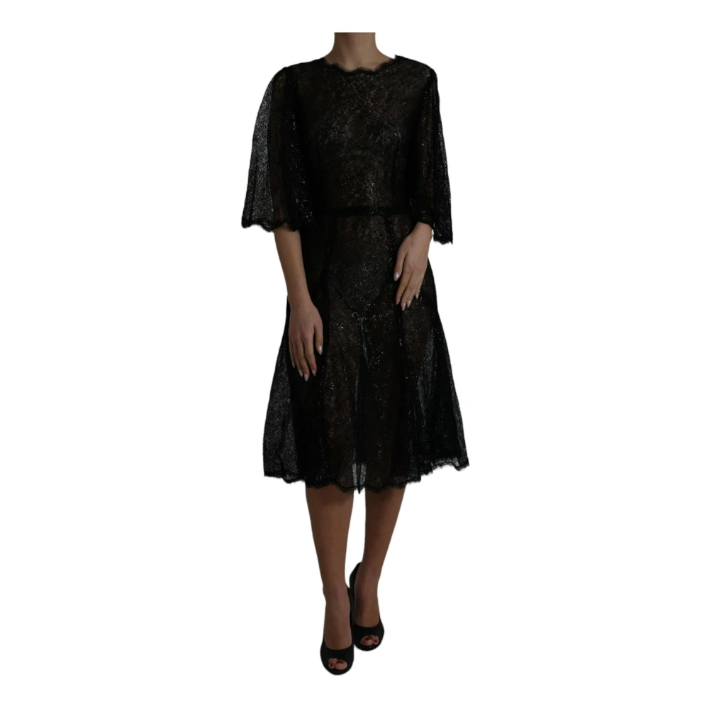 Dolce & Gabbana Svart Blommig Spets Sheer A-linje Midi Klänning Black, Dam