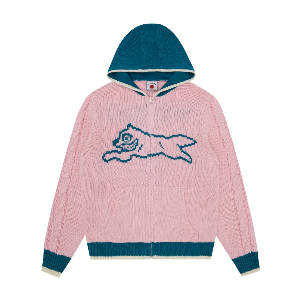Icecream Men's Pink Cardigans, L, Running Dog Knitted Zip Through Hood