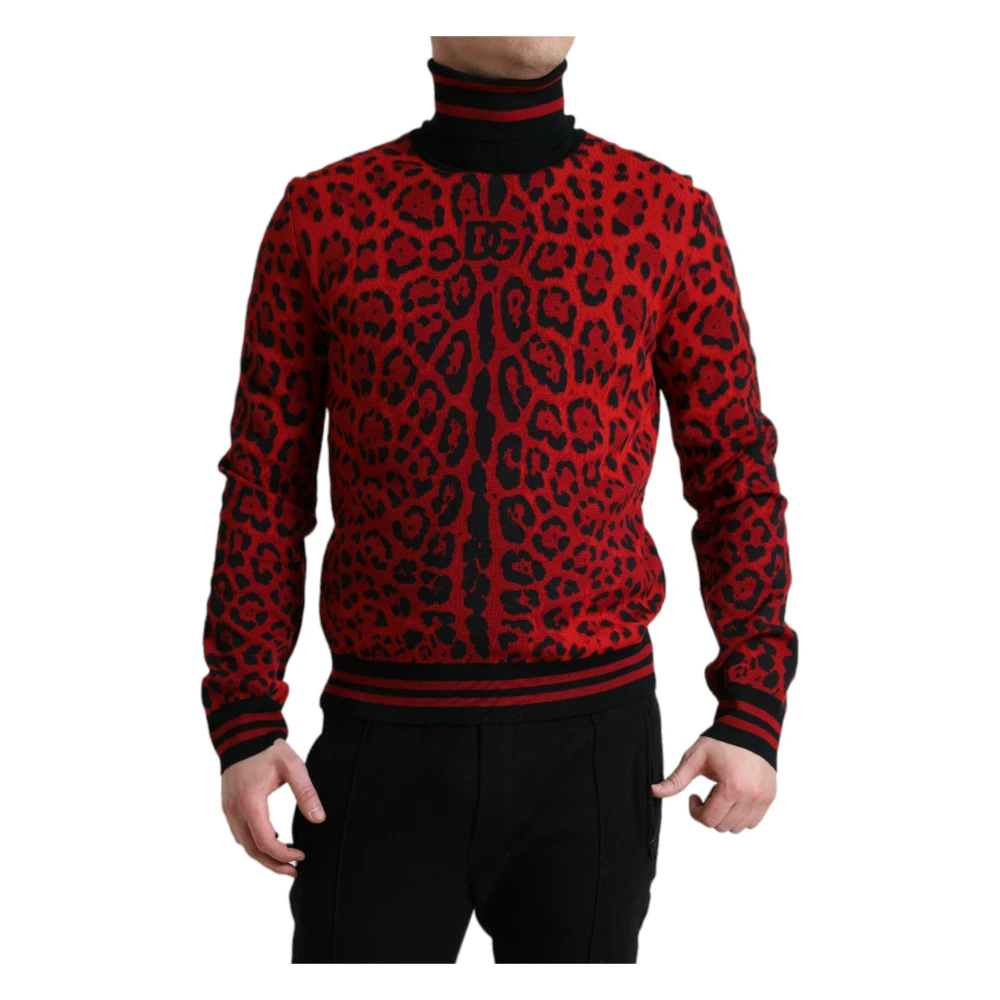 Dolce & Gabbana Rode Luipaardprint Coltrui Sweater Multicolor Heren
