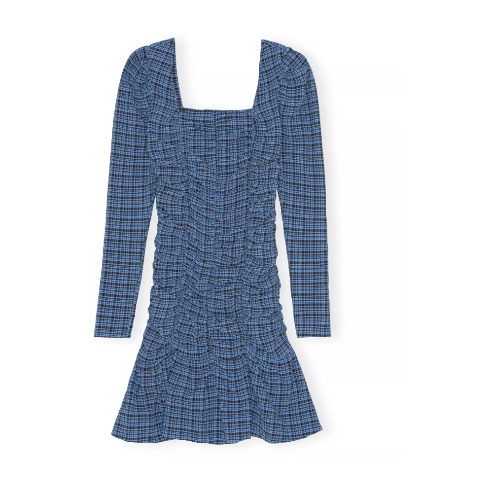 Ganni Blauwe geruite jurk met pofmouwen Blue Dames