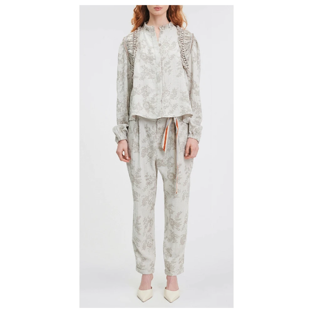 Mes Demoiselles Bloemenkatoenen overhemd met kraaldetail Beige Dames