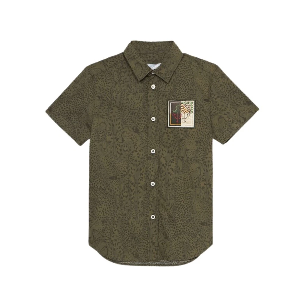 Roberto Cavalli , Kids Shirts, Male, Green, 8 Y, Cheetah Print Short Sleeve Cotton Shirt