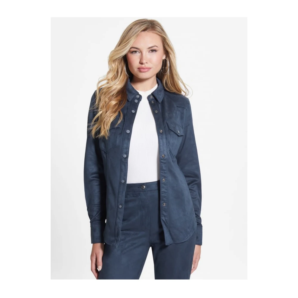Guess Velours Overhemd Blauw Slim Fit Blue Dames