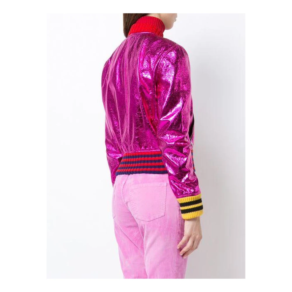 Gucci Metallic Leren Bomberjack met Gebreide Strepen Pink Dames
