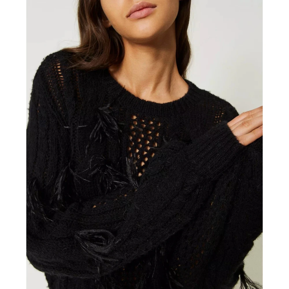 Twinset Wollen en Alpaca Trui met Veren Black Dames