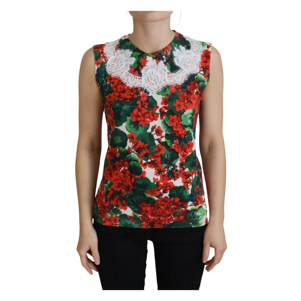 Dolce & Gabbana Women's Multicolor Sleeveless Tops, S, White Floral Wool Lace Vest Tank Top