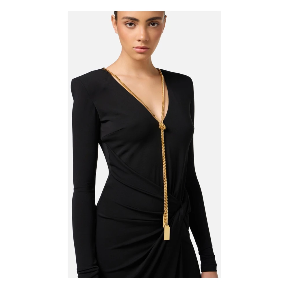 Elisabetta Franchi Zwarte Jersey Midi Jurk met V-Hals Black Dames